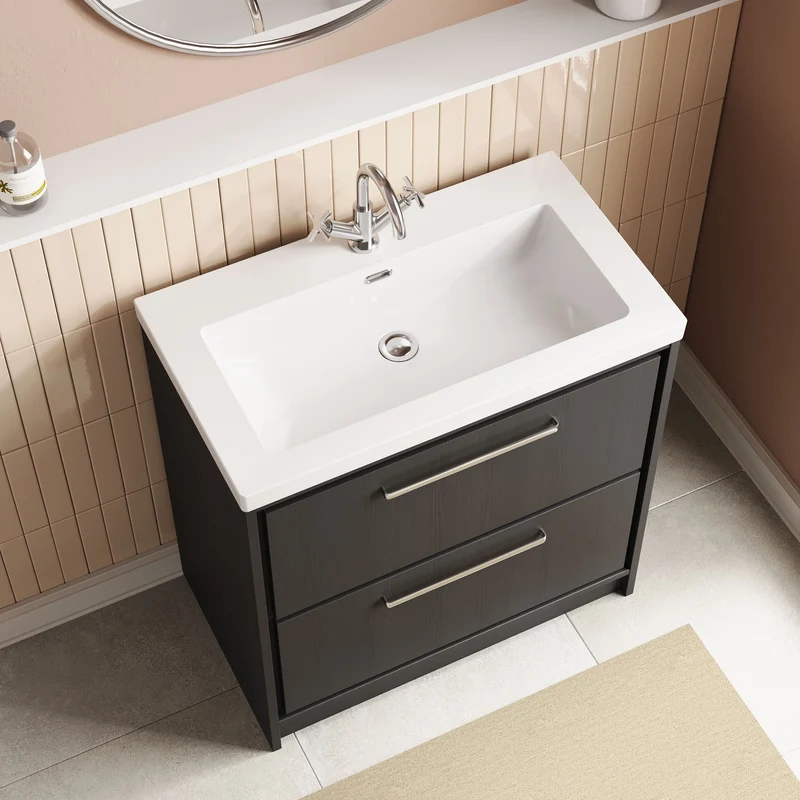 Lille 800mm Floor Standing 2 Drawer Vanity Unit & Modern Fireclay Basin With 1 Tap Hole - Graphite Grey Woodgrain