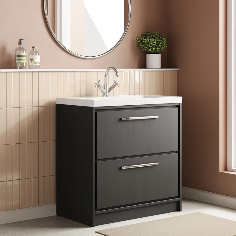 Lille 800mm Floor Standing 2 Drawer Vanity Unit & Modern Fireclay Basin With 1 Tap Hole - Graphite Grey Woodgrain