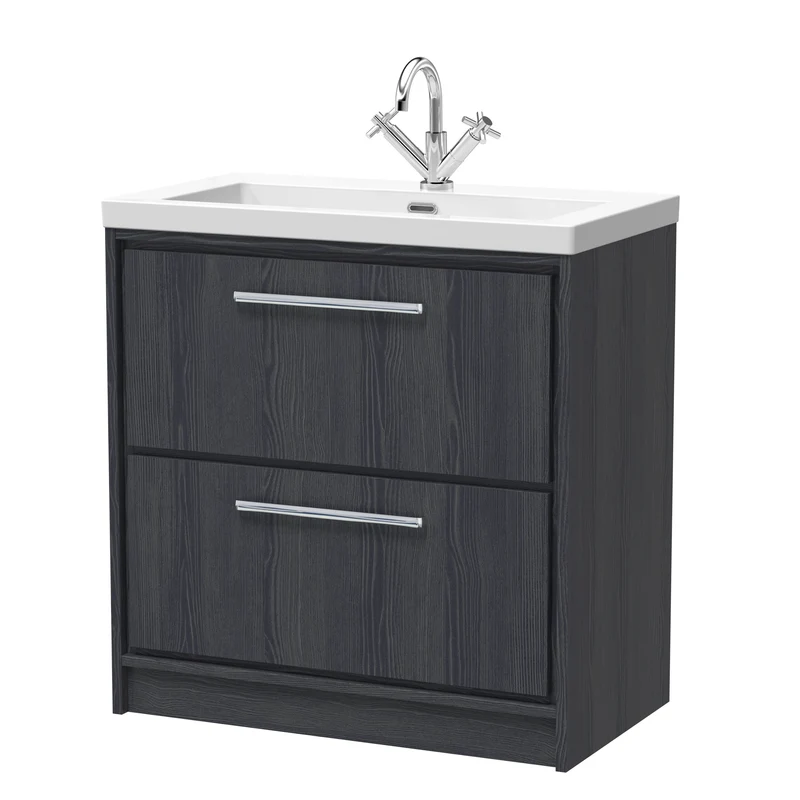 Lille 800mm Floor Standing 2 Drawer Vanity Unit & Modern Fireclay Basin With 1 Tap Hole - Graphite Grey Woodgrain