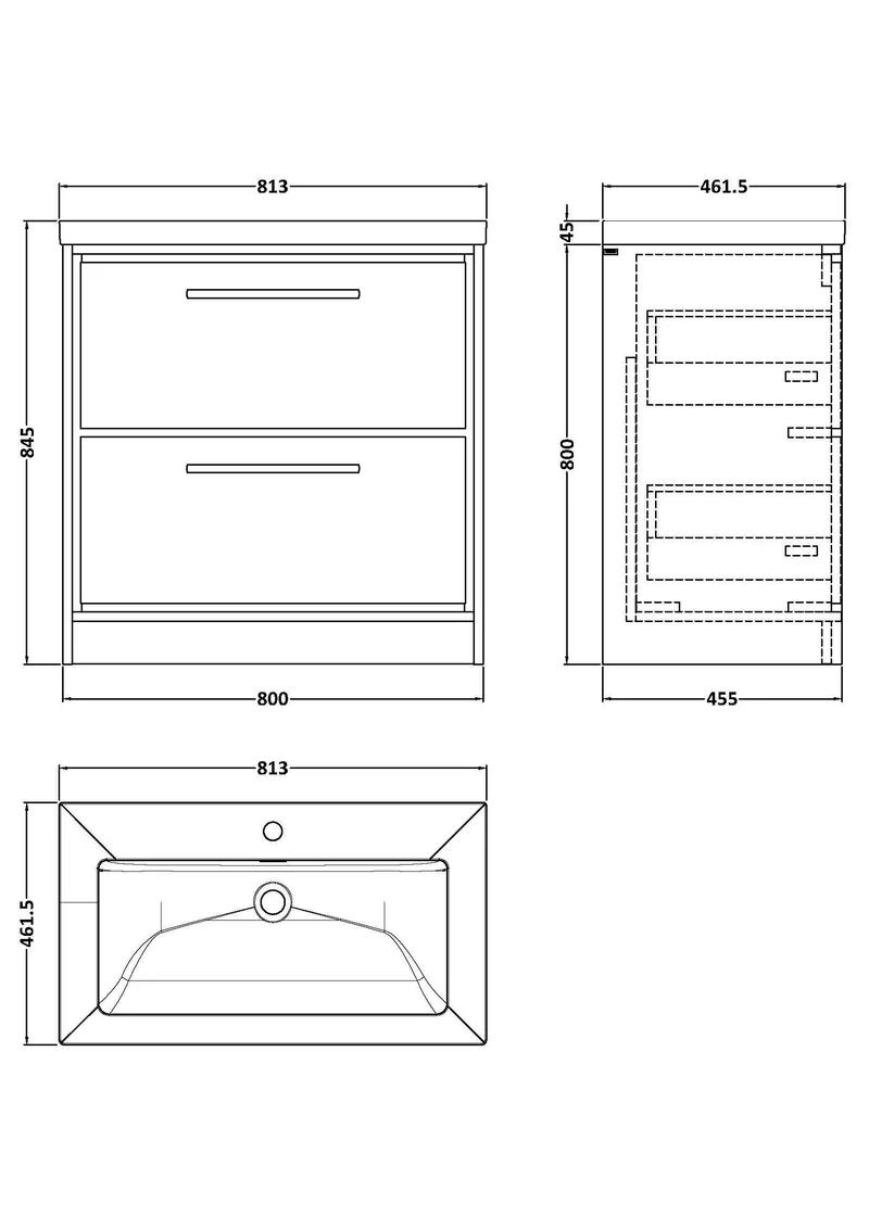 Lille 800mm Floor Standing 2 Drawer Vanity Unit & Modern Fireclay Basin With 1 Tap Hole - Graphite Grey Woodgrain