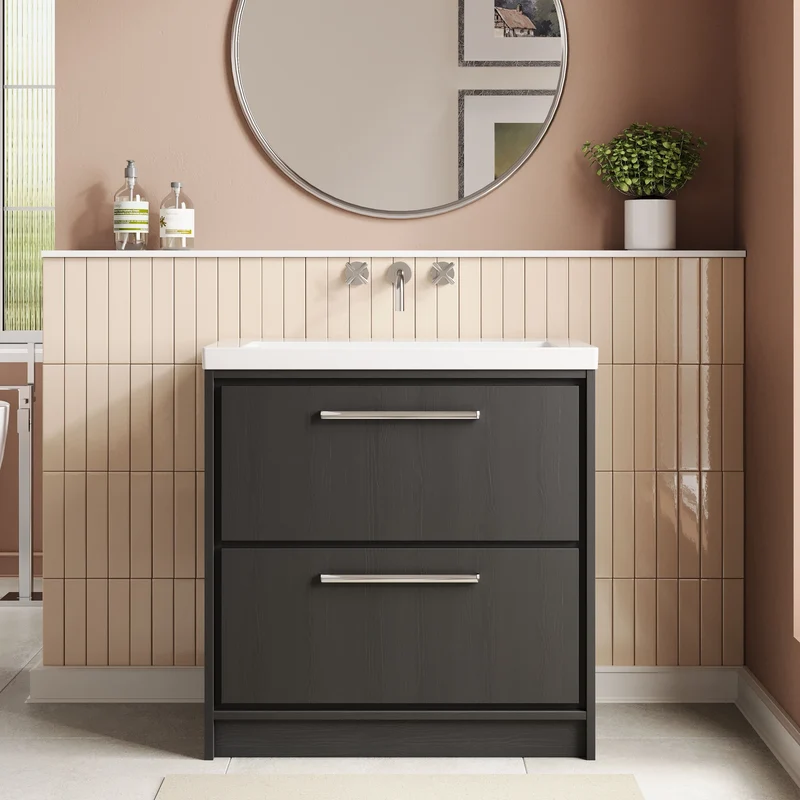 Lille 800mm Floor Standing 2 Drawer Vanity Unit & Modern Fireclay Basin With No Tap Holes - Graphite Grey Woodgrain