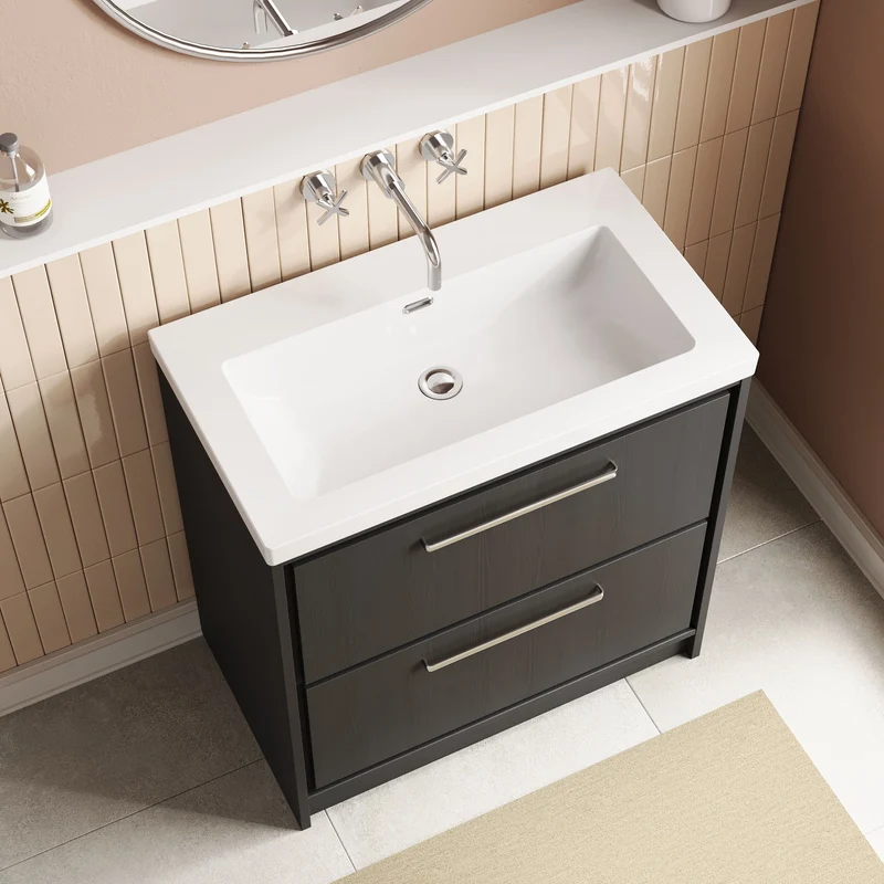 Lille 800mm Floor Standing 2 Drawer Vanity Unit & Modern Fireclay Basin With No Tap Holes - Graphite Grey Woodgrain