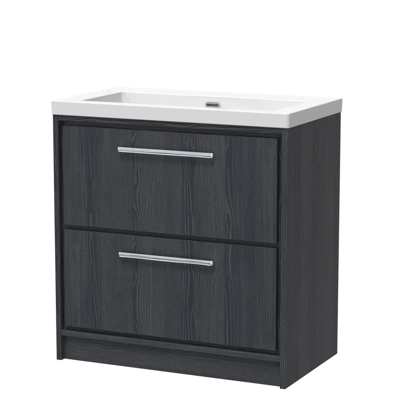 Lille 800mm Floor Standing 2 Drawer Vanity Unit & Modern Fireclay Basin With No Tap Holes - Graphite Grey Woodgrain