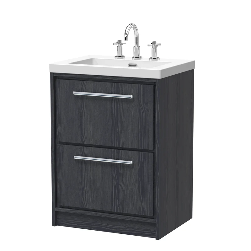 Lille 600mm Floor Standing 2 Drawer Vanity Unit & Modern Fireclay Basin With 3 Tap Holes - Graphite Grey Woodgrain