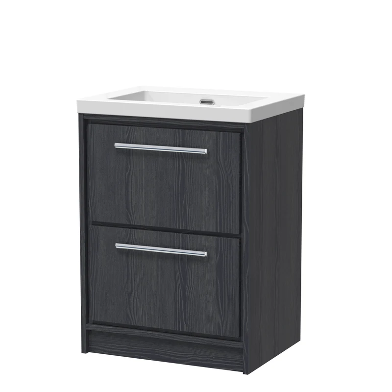 Lille 600mm Floor Standing 2 Drawer Vanity Unit & Modern Fireclay Basin With No Tap Holes - Graphite Grey Woodgrain