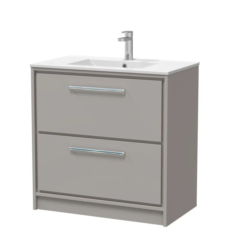 Lille 800mm Floor Standing 2 Drawer Vanity Unit & Minimalist Ceramic Basin - Pebble Grey Matt