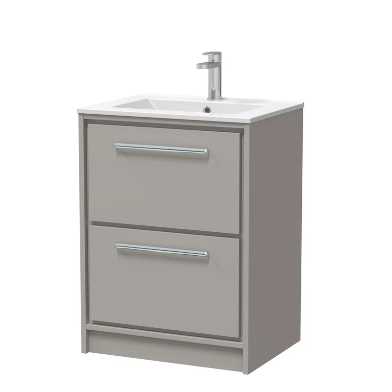 Lille 600mm Floor Standing 2 Drawer Vanity Unit & Minimalist Ceramic Basin - Pebble Grey Matt