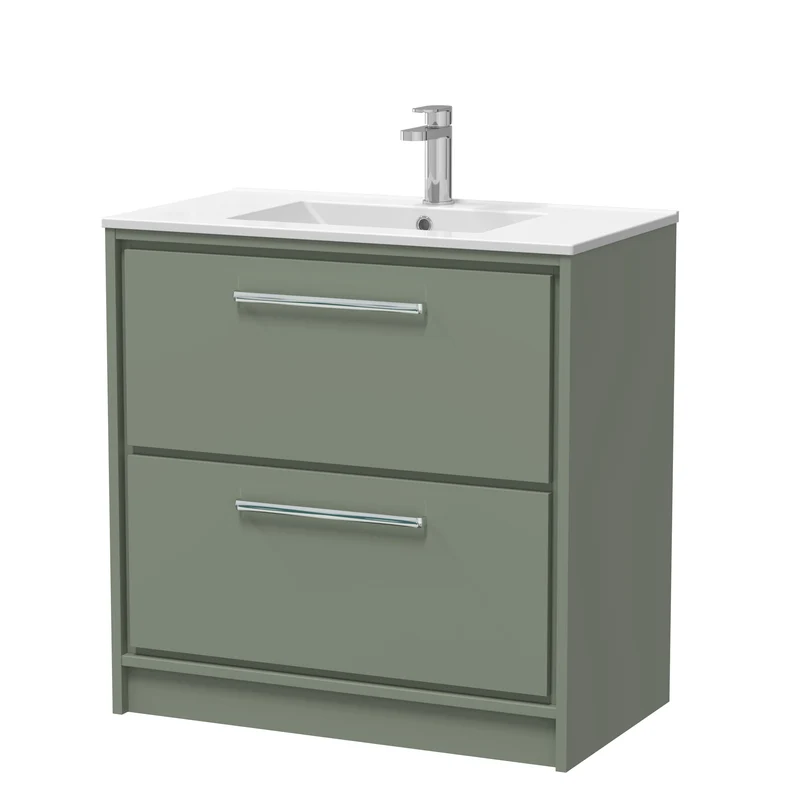 Lille 800mm Floor Standing 2 Drawer Vanity Unit & Minimalist Ceramic Basin - Fern Green Matt