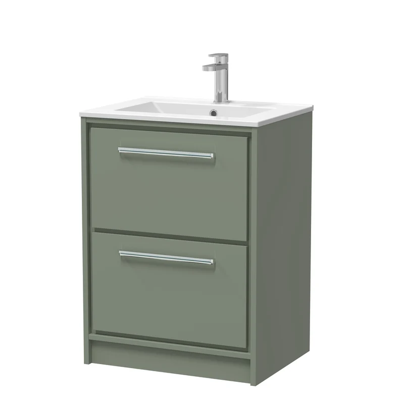Lille 600mm Floor Standing 2 Drawer Vanity Unit & Minimalist Ceramic Basin - Fern Green Matt