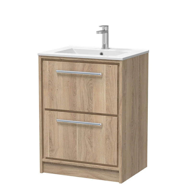 Lille 600mm Floor Standing 2 Drawer Vanity Unit & Minimalist Ceramic Basin - Bleached Oak Woodgrain