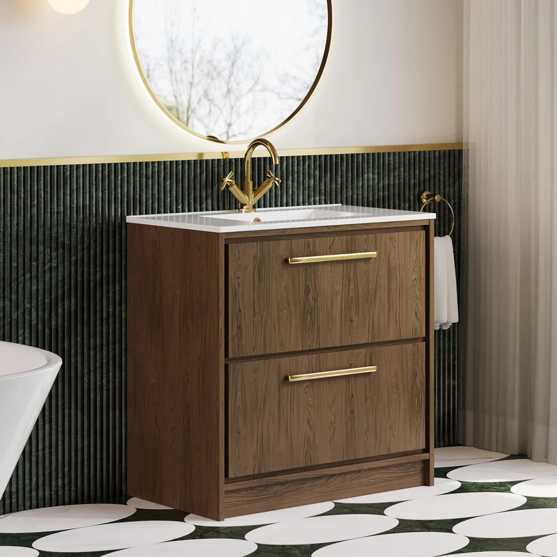 Lille 800mm Floor Standing 2 Drawer Vanity Unit & Minimalist Ceramic Basin - Antique Oak Woodgrain