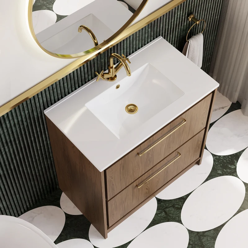 Lille 800mm Floor Standing 2 Drawer Vanity Unit & Minimalist Ceramic Basin - Antique Oak Woodgrain
