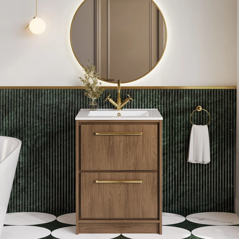 Lille 600mm Floor Standing 2 Drawer Vanity Unit & Minimalist Ceramic Basin - Antique Oak Woodgrain