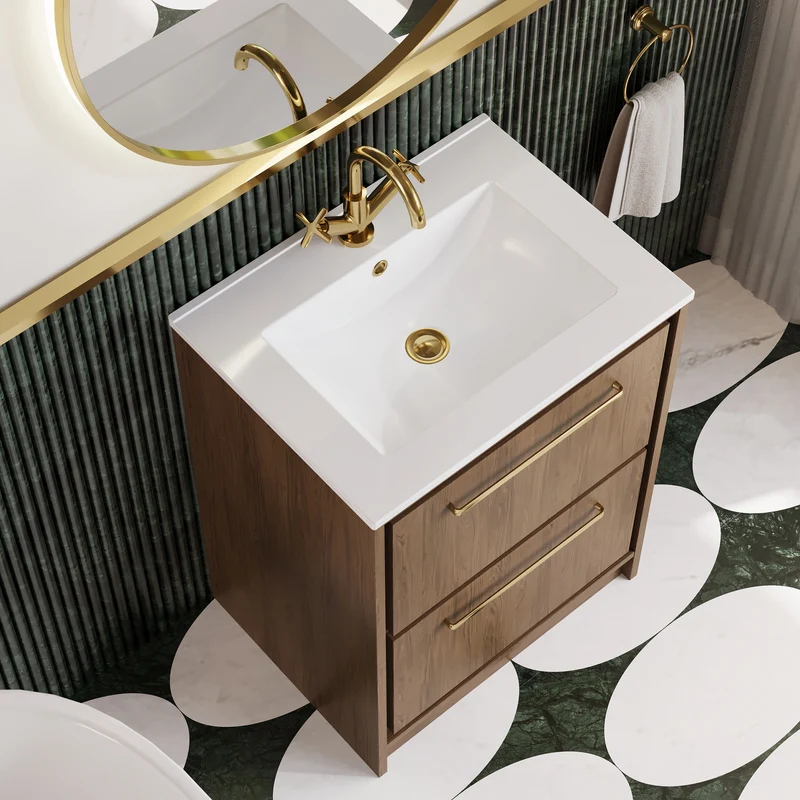 Lille 600mm Floor Standing 2 Drawer Vanity Unit & Minimalist Ceramic Basin - Antique Oak Woodgrain