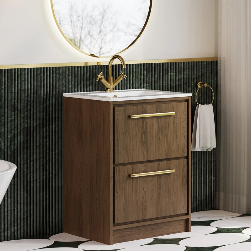 Lille 600mm Floor Standing 2 Drawer Vanity Unit & Minimalist Ceramic Basin - Antique Oak Woodgrain
