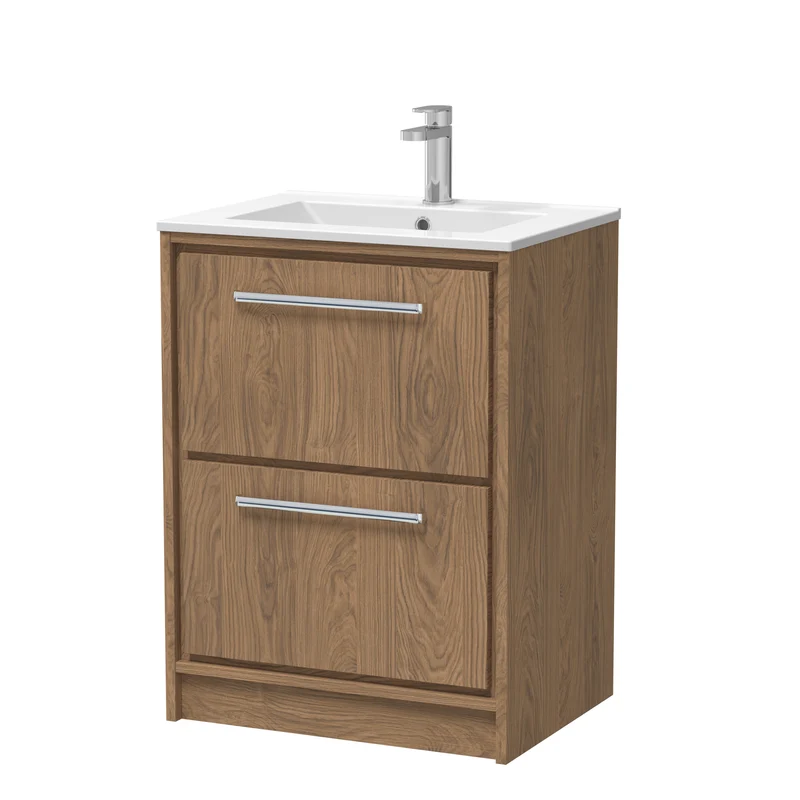 Lille 600mm Floor Standing 2 Drawer Vanity Unit & Minimalist Ceramic Basin - Antique Oak Woodgrain