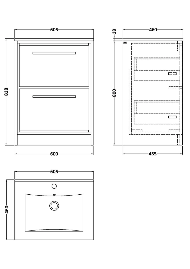 Lille 600mm Floor Standing 2 Drawer Vanity Unit & Minimalist Ceramic Basin - Antique Oak Woodgrain