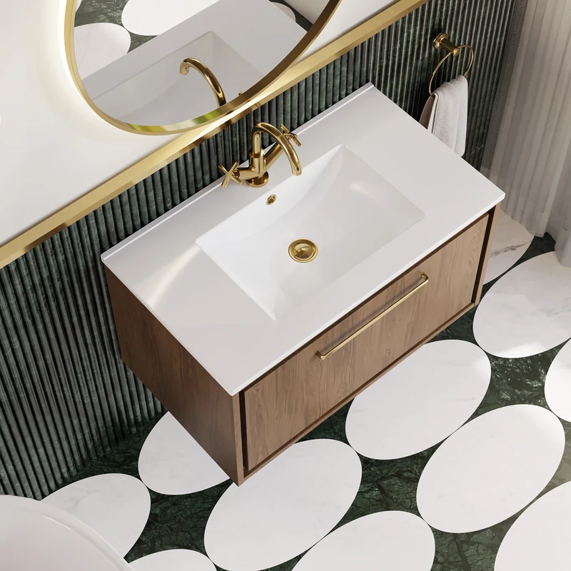 Lille 800mm 1 Drawer Vanity Unit & Minimalist Ceramic Basin - Antique Oak Woodgrain