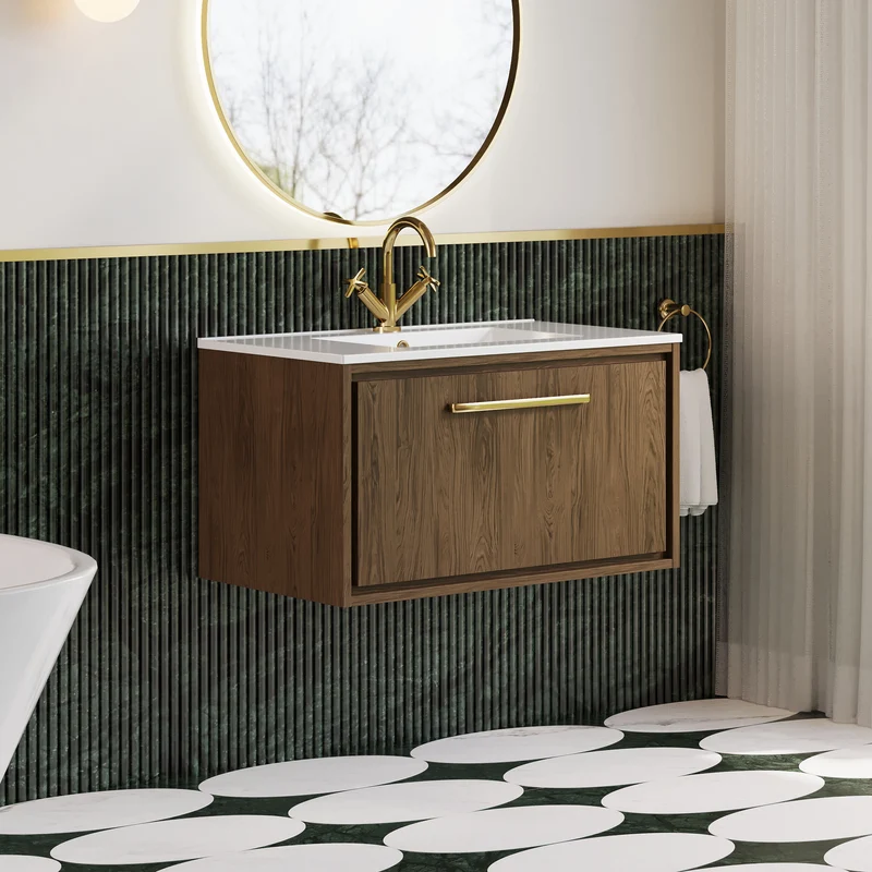 Lille 800mm 1 Drawer Vanity Unit & Minimalist Ceramic Basin - Antique Oak Woodgrain