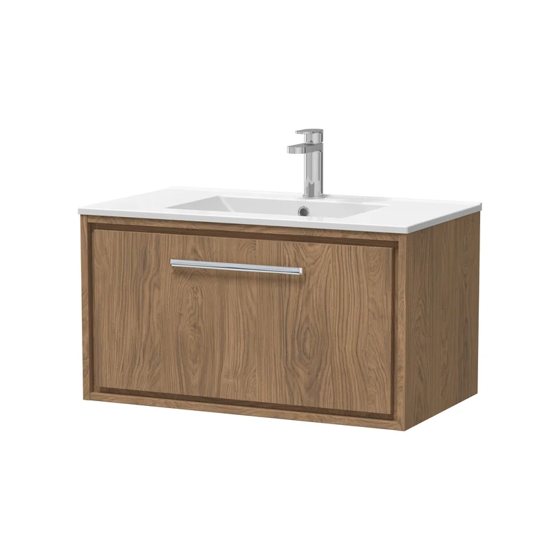 Lille 800mm 1 Drawer Vanity Unit & Minimalist Ceramic Basin - Antique Oak Woodgrain