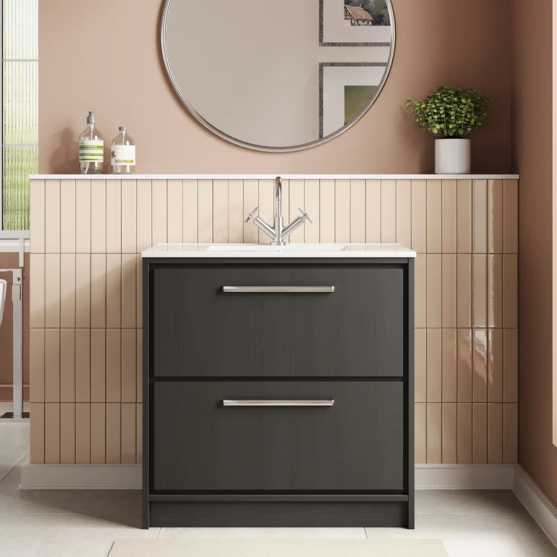 Lille 800mm Floor Standing 2 Drawer Vanity Unit & Minimalist Ceramic Basin - Graphite Grey Woodgrain