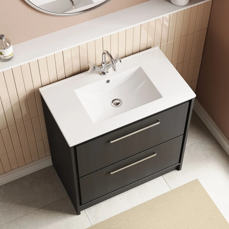 Lille 800mm Floor Standing 2 Drawer Vanity Unit & Minimalist Ceramic Basin - Graphite Grey Woodgrain