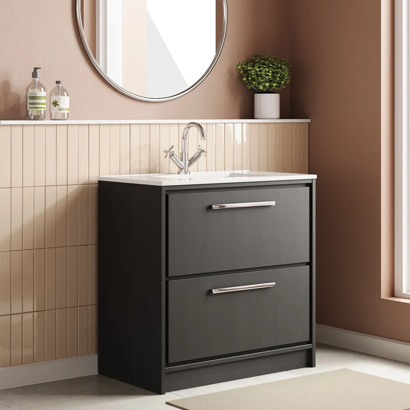Lille 800mm Floor Standing 2 Drawer Vanity Unit & Minimalist Ceramic Basin - Graphite Grey Woodgrain