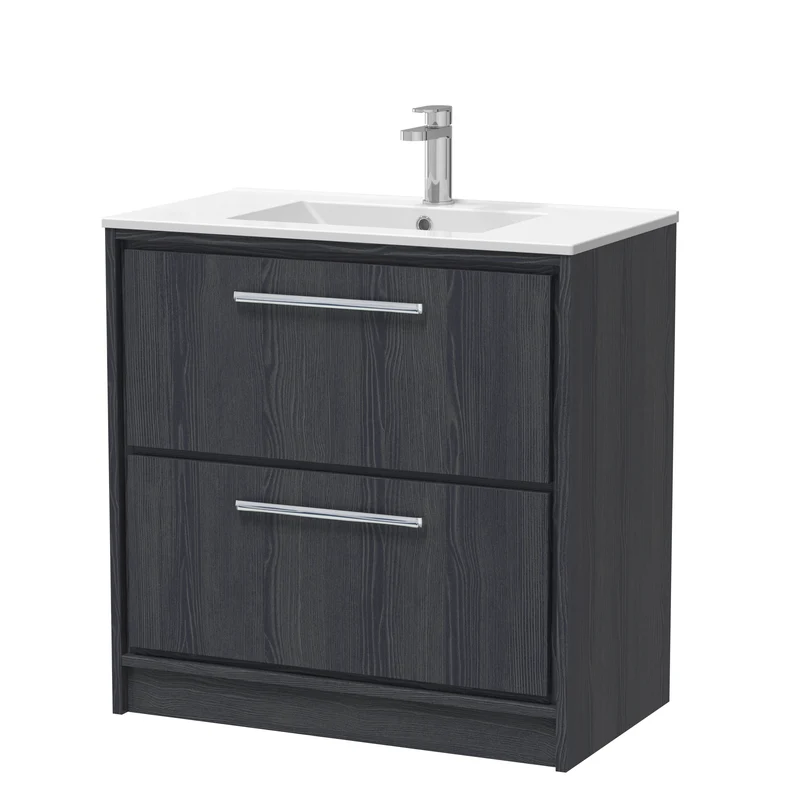 Lille 800mm Floor Standing 2 Drawer Vanity Unit & Minimalist Ceramic Basin - Graphite Grey Woodgrain
