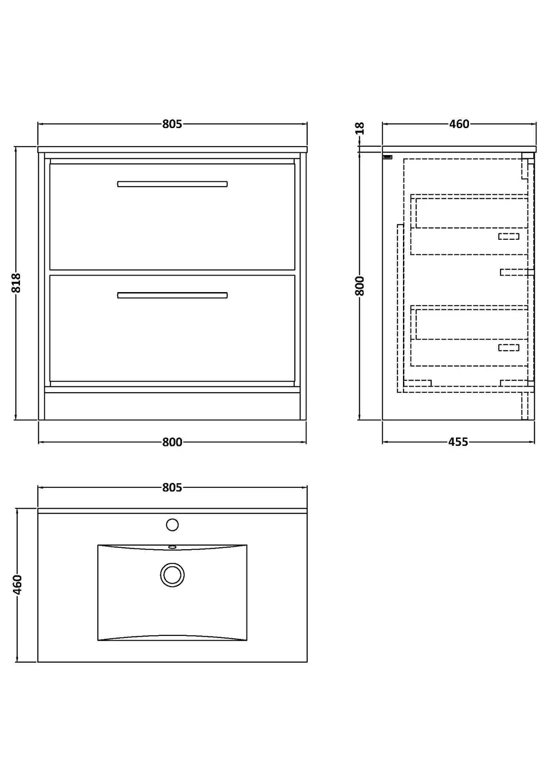 Lille 800mm Floor Standing 2 Drawer Vanity Unit & Minimalist Ceramic Basin - Graphite Grey Woodgrain