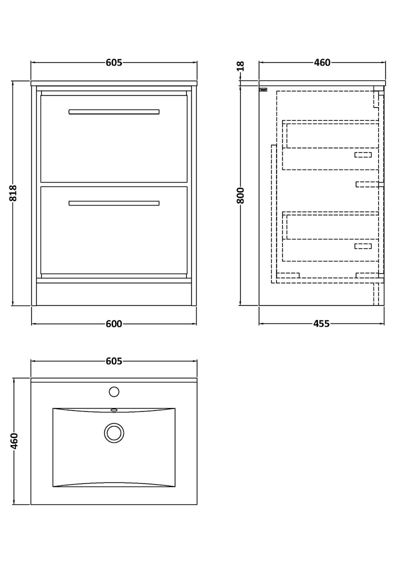 Lille 600mm Floor Standing 2 Drawer Vanity Unit & Minimalist Ceramic Basin - Graphite Grey Woodgrain