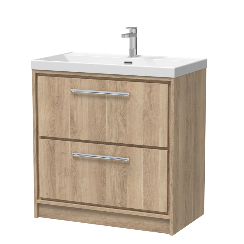 Lille 800mm Floor Standing 2 Drawer Vanity Unit & Thin Edge Ceramic Basin - Bleached Oak Woodgrain