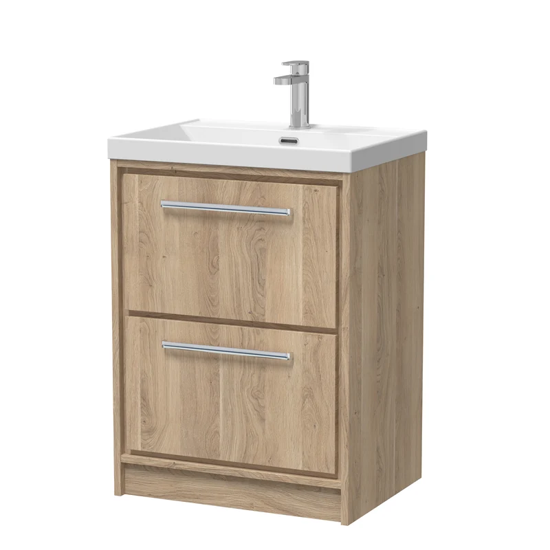 Lille 600mm Floor Standing 2 Drawer Vanity Unit & Thin Edge Ceramic Basin - Bleached Oak Woodgrain