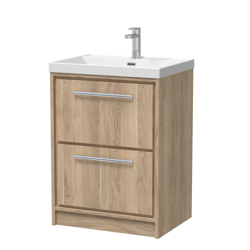 Lille 600mm Floor Standing 2 Drawer Vanity Unit & Thin Edge Ceramic Basin - Bleached Oak Woodgrain