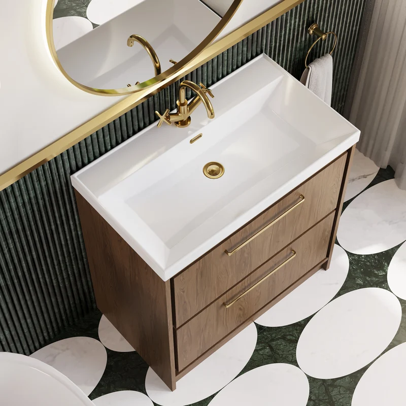 Lille 800mm Floor Standing 2 Drawer Vanity Unit & Thin Edge Ceramic Basin - Antique Oak Woodgrain