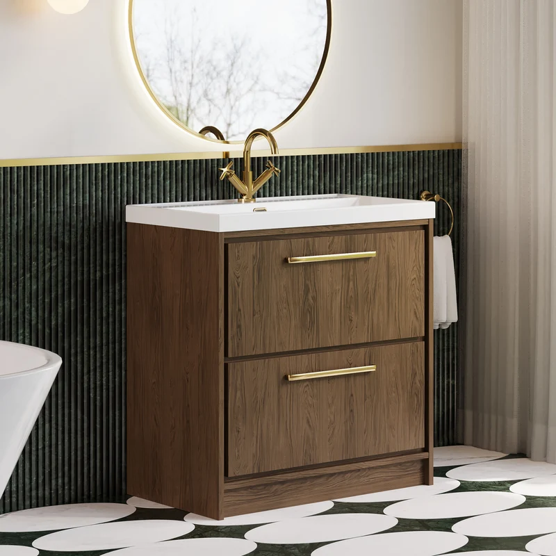 Lille 800mm Floor Standing 2 Drawer Vanity Unit & Thin Edge Ceramic Basin - Antique Oak Woodgrain