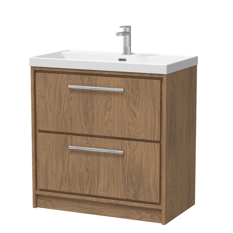 Lille 800mm Floor Standing 2 Drawer Vanity Unit & Thin Edge Ceramic Basin - Antique Oak Woodgrain