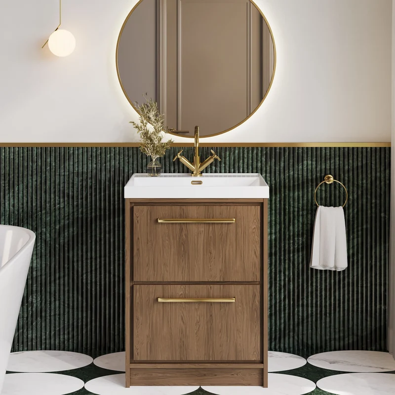 Lille 600mm Floor Standing 2 Drawer Vanity Unit & Thin Edge Ceramic Basin - Antique Oak Woodgrain