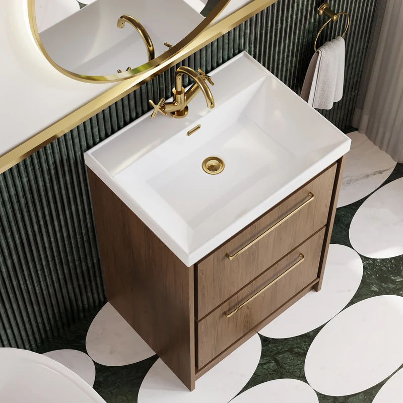 Lille 600mm Floor Standing 2 Drawer Vanity Unit & Thin Edge Ceramic Basin - Antique Oak Woodgrain