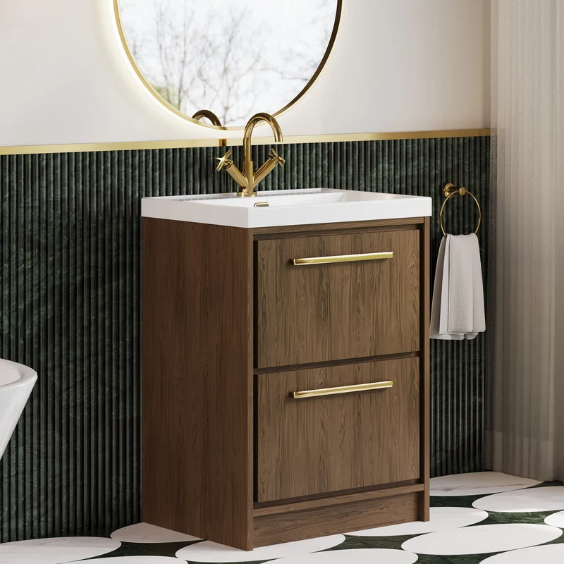 Lille 600mm Floor Standing 2 Drawer Vanity Unit & Thin Edge Ceramic Basin - Antique Oak Woodgrain