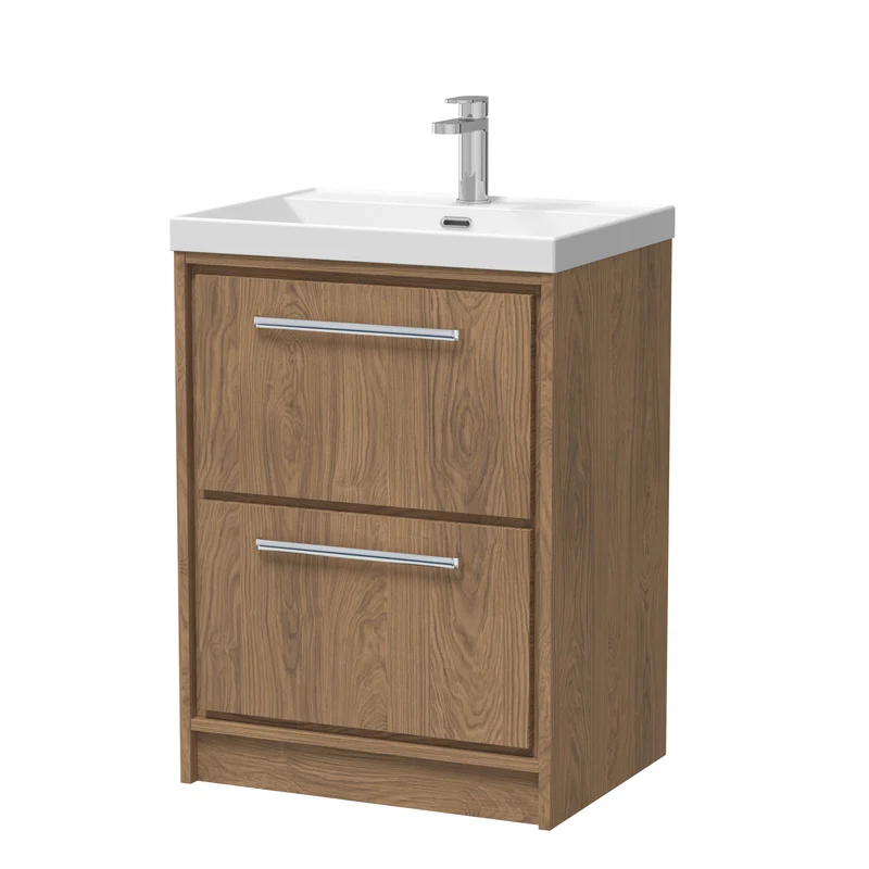 Lille 600mm Floor Standing 2 Drawer Vanity Unit & Thin Edge Ceramic Basin - Antique Oak Woodgrain