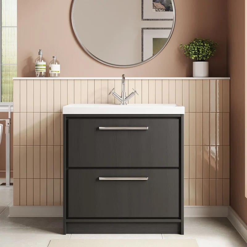 Lille 800mm Floor Standing 2 Drawer Vanity Unit & Thin Edge Ceramic Basin - Graphite Grey Woodgrain