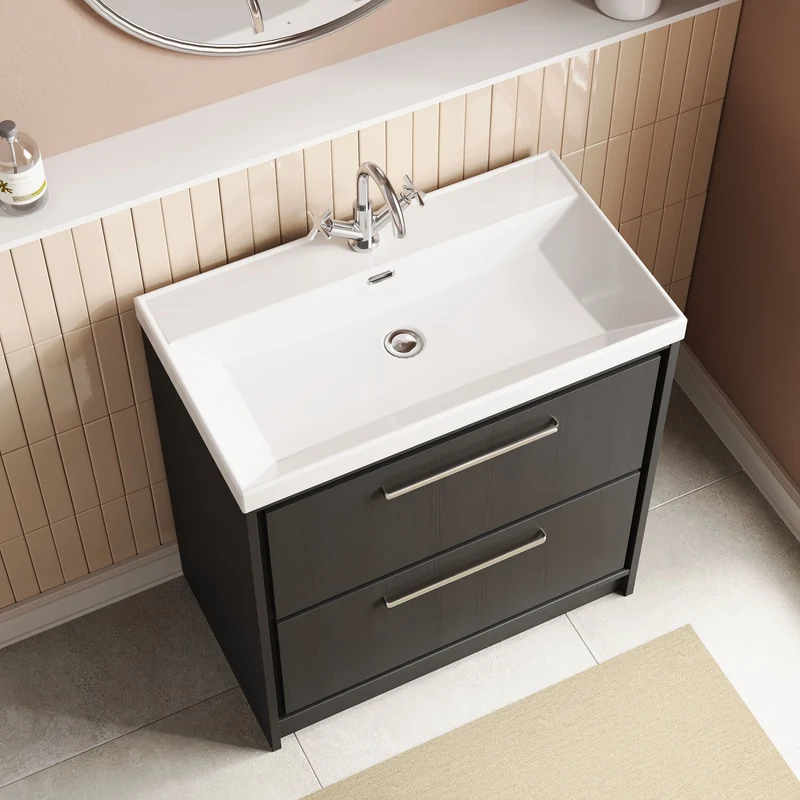 Lille 800mm Floor Standing 2 Drawer Vanity Unit & Thin Edge Ceramic Basin - Graphite Grey Woodgrain