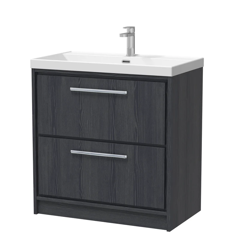 Lille 800mm Floor Standing 2 Drawer Vanity Unit & Thin Edge Ceramic Basin - Graphite Grey Woodgrain