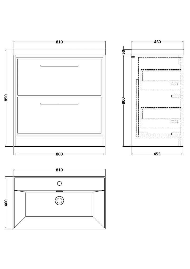 Lille 800mm Floor Standing 2 Drawer Vanity Unit & Thin Edge Ceramic Basin - Graphite Grey Woodgrain