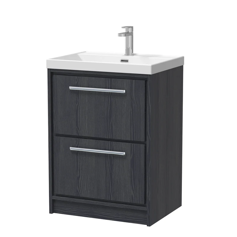Lille 600mm Floor Standing 2 Drawer Vanity Unit & Thin Edge Ceramic Basin - Graphite Grey Woodgrain