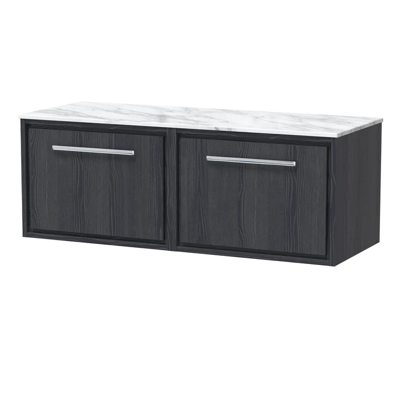 Lille 1200mm Wall Hung 2 Drawer Vanity Unit & Carrera Marble Worktop - Graphite Grey Woodgrain