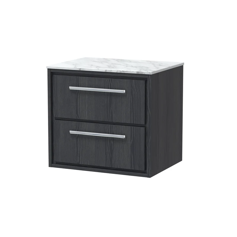 Lille 600mm Wall Hung 2 Drawer Vanity Unit & Carrera Marble Worktop - Graphite Grey Woodgrain