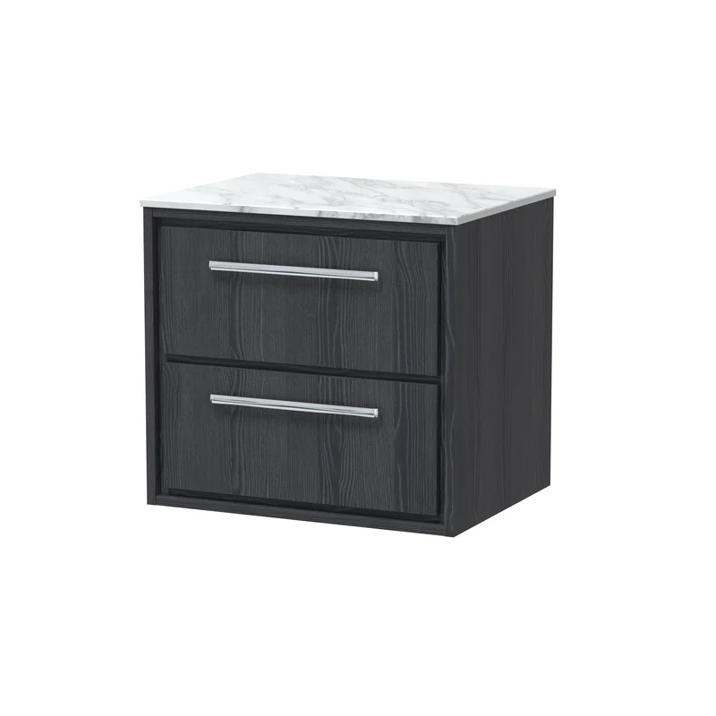 Lille 600mm Wall Hung 2 Drawer Vanity Unit & Carrera Marble Worktop - Graphite Grey Woodgrain