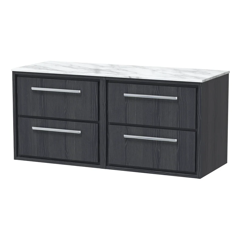 Lille 1200mm Wall Hung 4 Drawer Vanity Unit & Carrera Marble Worktop - Graphite Grey Woodgrain