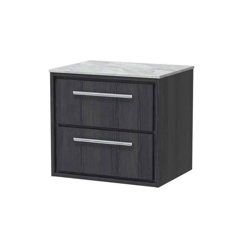 Lille 600mm Wall Hung 2 Drawer Vanity Unit & Grey Marble Worktop - Graphite Grey Woodgrain
